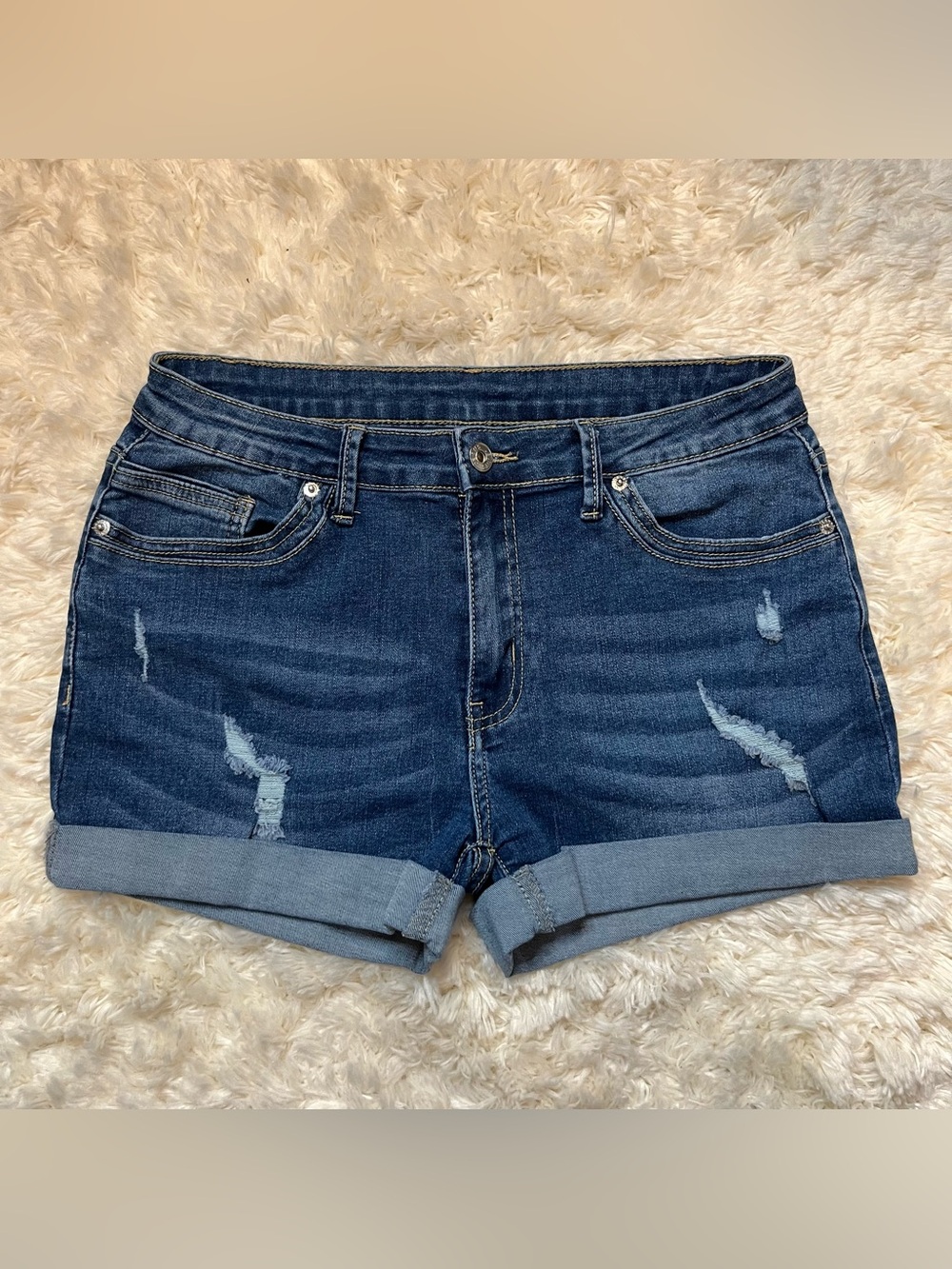 Shein Women's Dark Blue Distressed Denim Jean Shorts Size Large Rolled Hem